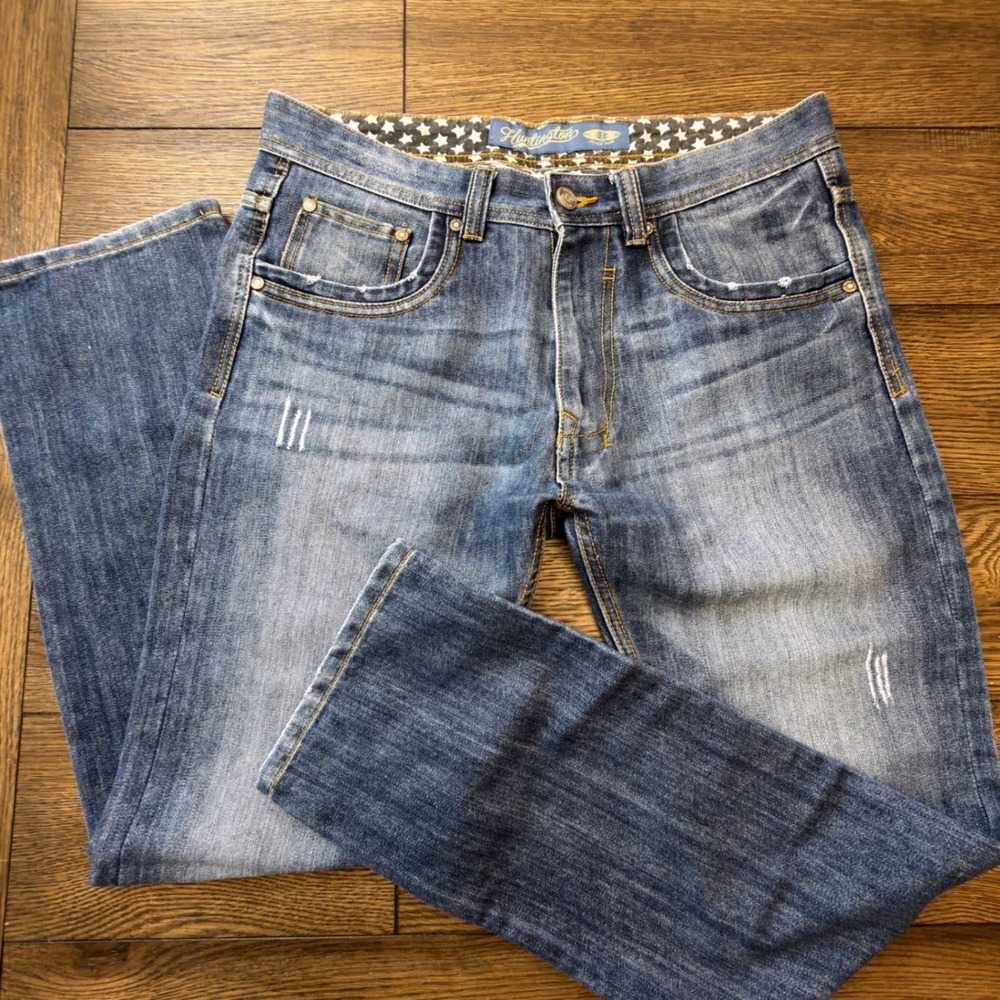 Huntington Beach Club Mens Medium Wash Straight Leg Distressed Jeans 34x30
